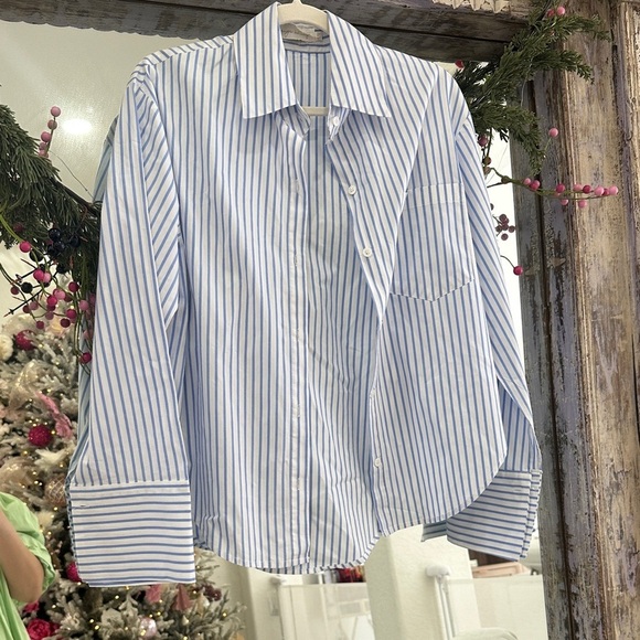 Beige Botany Tops - Blue Striped Button Down Shirt